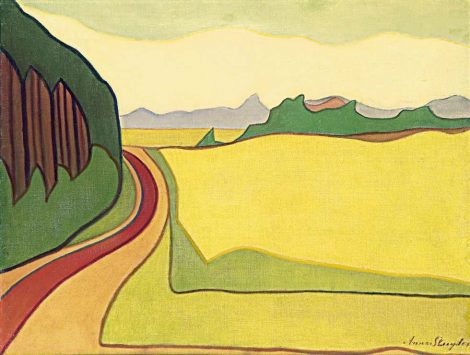 Anna Sluijter - Landschap met rode weg, Blaricum, olieverf op doek 55,3 x 71,3 cm, gesigneerd r.o. en te dateren ca. 1914