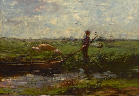 Willem Maris - Boer met praam in weidelandschap, olieverf op doek 66,3 x 94,5 cm, te dateren ca. 1906