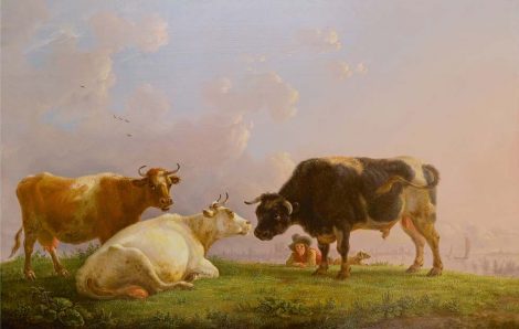 Jean Baptiste de Roy - Herdersjongen met koeien en stier, een stad in de verte, olieverf op paneel,  cm  en te dateren ca. 1825-1835 41,5 x 64,5 cm, gesigneerd r.o. en te dateren ca. 1825-1835