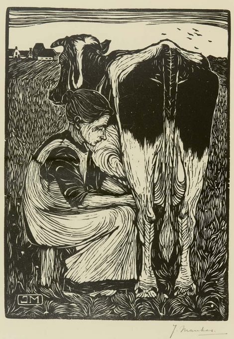 Jan Mankes - Koemelkende boerin, houtsnede op papier 22 x 16 cm, gesigneerd r.o.