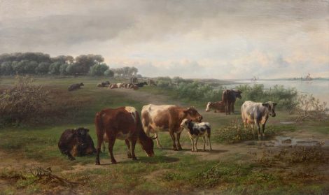 Jan Bedijs Tom - Koeien langs een rivier, mogelijk de Rijn in Gelderland, olieverf op doek, 72,3 x 122,5 cm gesigneerd r.o. en gedateerd 1874 72,3 x 122,5 cm, gesigneerd r.o. en gedateerd 1874