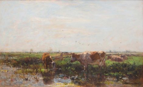 Willem Maris - Zomerlandschap met koeien op de rivieroever, olieverf op doek 53,8 x 87,2 cm, gesigneerd r.o.