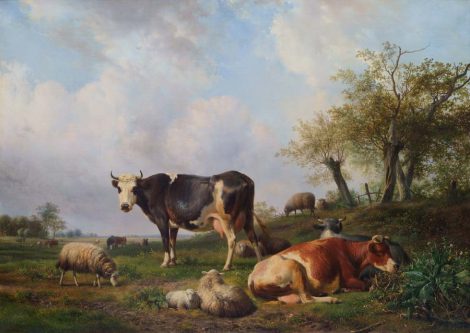 Hendrikus van de Sande Bakhuyzen - Landschap met rustende koeien en schapen, olieverf op doek 108 x 150 cm cm