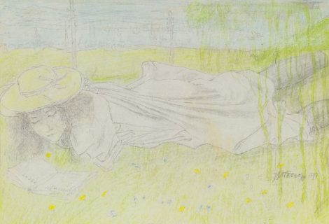 Jan Toorop - Jonge vrouw, lezend in een feministisch boek (‘Vrouwenrecht’), potlood en krijt op papier 16,2 x 20,5 cm, gesigneerd rechtsonder en gedateerd 1897