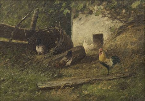 Marinus Adrianus Koekkoek II - Haan en kippen bij een broedkorf, olieverf op doek 24,4 x 34,5 cm, gesigneerd r.o.