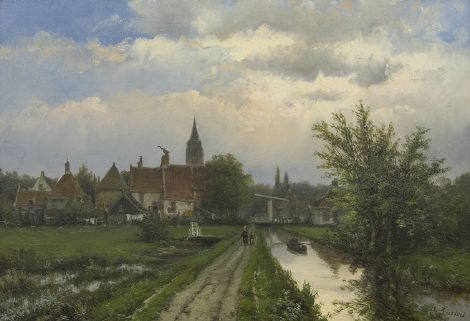 Willem Koekkoek - Landschap met dorp op de achtergrond, olieverf op doek 40,8 x 58,5 cm, gesigneerd r.o.