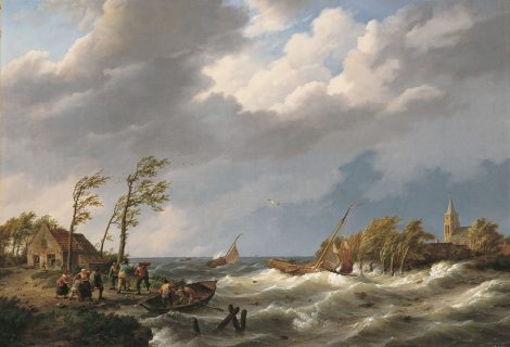 Johannes Hermanus Koekkoek - Dijkdoorbraak bij westerstorm in Zeeland, olieverf op doek 48,7 x 71,2 cm, gesigneerd l.o.