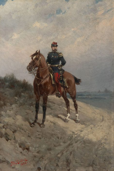 Hermanus Koekkoek - Ruiterportret van een Franse infanterie-officier, olieverf op doek 45,5 x 30,6 cm, gesigneerd l.o. en gedateerd 1888