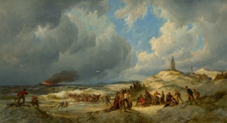 Pieter Cornelis Dommershuijzen - Schipbreuk van de Engelse bark P. Nicolas – alias De Olieman – voor de kust bij Zandvoort, olieverf op doek 57 x 102 cm , gesigneerd r.o. en gedateerd 1881