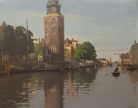 Willem Witsen - De Montelbaanstoren aan de Oude Schans bij zomer, olieverf op doek 79,7 x 100,6 cm, gesigneerd rechtsonder en te dateren ca. 1913