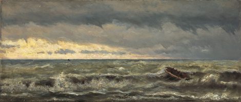 Hendrik Willem Mesdag - Reddingsboot in de branding, olieverf op doek 44,4 x 103,5 cm, gesigneerd linksonder en gedateerd 1869