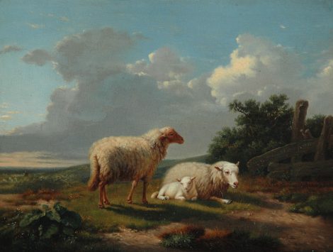 Joseph van Dieghem - Landschap met twee schapen en een lam, olieverf op paneel 18,8 x 24,5 cm, gesigneerd rechts van het midden en gedateerd 1855