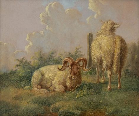 Albertus Verhoesen - Ram en ooi in zomerse weide, olieverf op paneel 14,5 x 16,5 cm, gesigneerd rechts van het midden en gedateerd 1845
