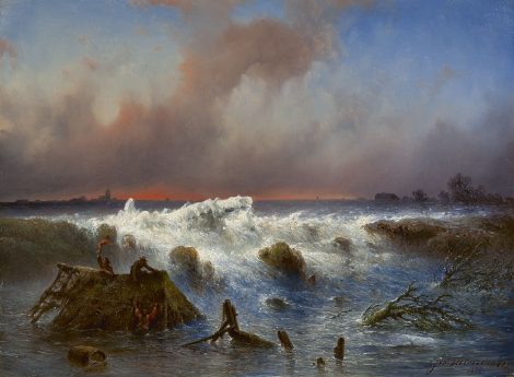 Johannes Hilverdink - De dijkdoorbraak in de Grebbedijk op 5 maart 1855, olieverf op paneel 37,1 x 50,1 cm, gesigneerd rechtsonder en gedateerd 1855