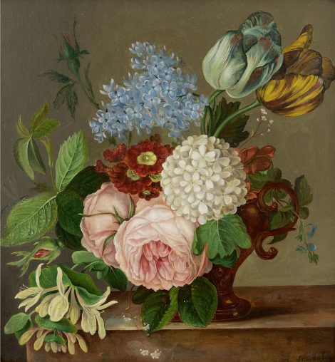 Johan van Hulstijn - Bloemstilleven met rozen, tulpen, primula’s en andere bloemen, olieverf op paneel 29,3 x 26,9 cm, gesigneerd rechtsonder