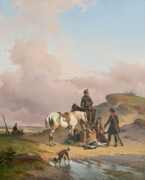 Joseph Moerenhout - Na de jacht, olieverf op doek 65,8 x 53,3 cm, gesigneerd links van het midden en gedateerd 1840