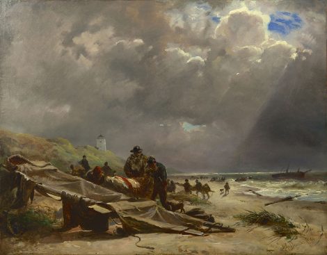 Willem van Deventer - Schipbreuk op het strand van Katwijk, olieverf op papier op schildersboard 46,3 x 59,6 cm, gesigneerd rechtsonder en gedateerd '44
