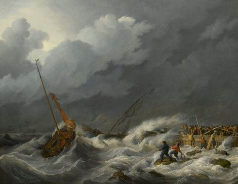 Johannes Hermanus Koekkoek - Averij bij het binnenlopen van een haven in een vliegende storm, olieverf op doek 97,2 x 123,3 cm, gesigneerd rechtsonder vage signatuur