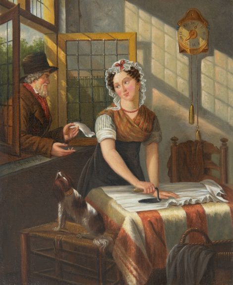 Jan Braet von Uberfeldt - De liefdesbrief, olieverf op doek 32,8 x 27,5 cm, gesigneerd links van het midden met initialen en op spieraam voluit en gedateerd 1852