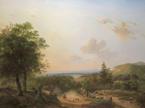 Andreas Schelfhout - Schapenhoedster met kudde in een glooiend zomerlandschap, olieverf op doek 110,4 x 146 cm, gesigneerd linksonder en gedateerd 1849