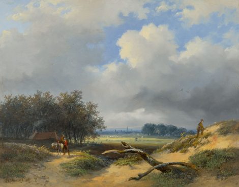François Auguste Ortmans - Valleilandschap met jager en boer, olieverf op paneel 23,4 x 29,4 cm, gesigneerd linksonder en gedateerd '46