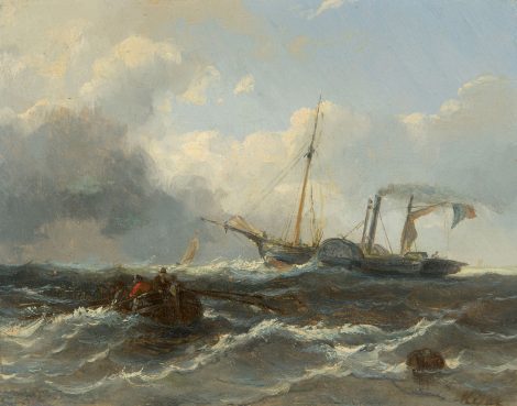 Louis Meijer - Roeiboot en stoomschip op zee, olieverf op paneel 14,9 x 19,0 cm, gesigneerd rechtsonder
