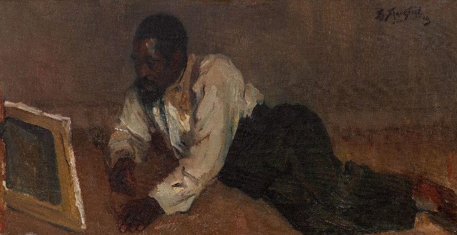 Eduard Frankfort - De kunstliefhebber, olieverf op doek 32,8 x 59,9 cm , gesigneerd rechtsboven en gedateerd '06