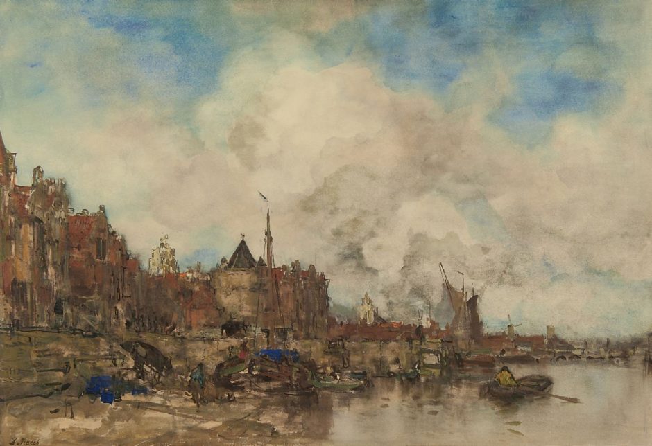 Jacob Maris - Capriccio gezicht op Amsterdam, aquarel op papier 64,0 x 91,0 cm, gesigneerd linksonder en te dateren ca. 1885