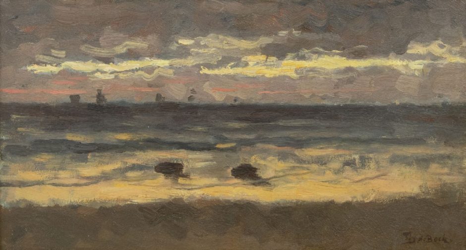 Théophile de Bock - Vissersschepen op zee, olieverf op board 21,3 x 38,5 cm, gesigneerd rechtsonder