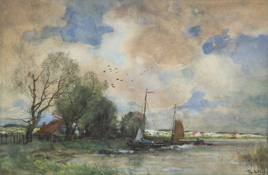 Théophile de Bock - Inham aan de Maas, aquarel op papier 42,0 x 63,2 cm, gesigneerd rechtsonder