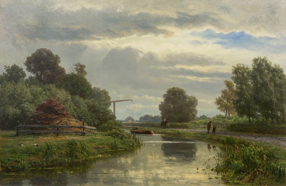 Jan Willem van Borselen - Slepers met vrachtschuit in een polderlandschap, olieverf op doek 65,3 x 100,2 cm, gesigneerd rechtsonder en gedateerd 1872