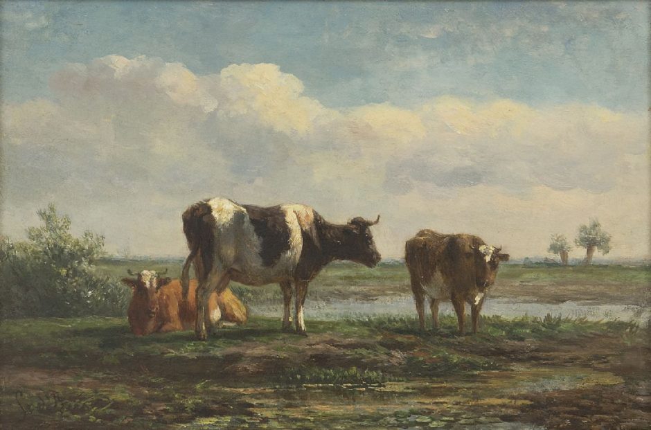 Simon van den Berg - Polderlandschap met rustend vee, olieverf op paneel 17,6 x 26,0 cm, gesigneerd linksonder