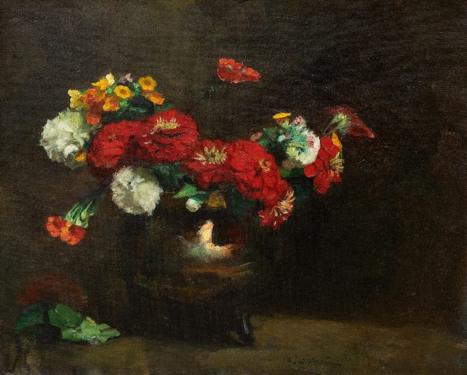 Floris Arntzenius - Zinnia’s in koperen vaas, olieverf op doek 43,0 x 50,4 cm, gesigneerd rechts van het midden