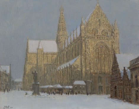 Herman Heuff - De St. Bavokerk in Haarlem in de sneeuw, olieverf op doek 49,3 x 63,2 cm, gesigneerd linksonder en gedateerd 1919