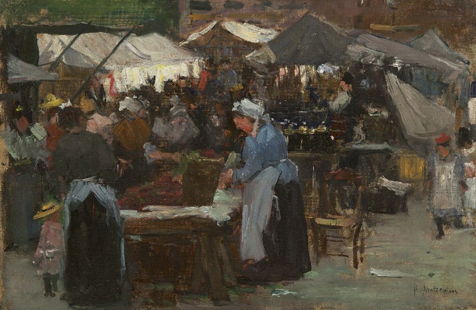 Floris Arntzenius - Markt, Den Haag, olieverf op doek op paneel 31,3 x 47,2 cm, gesigneerd rechtsonder