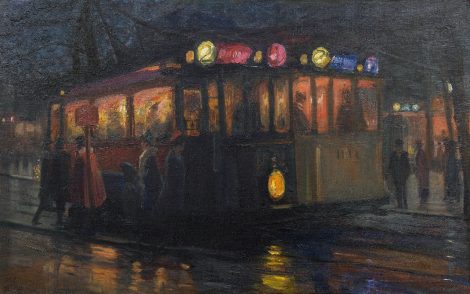 Marius Richters - Trams bij het Beursplein, Rotterdam, olieverf op doek 70,0 x 110,2 cm, gesigneerd linksonder en te dateren ca. 1913