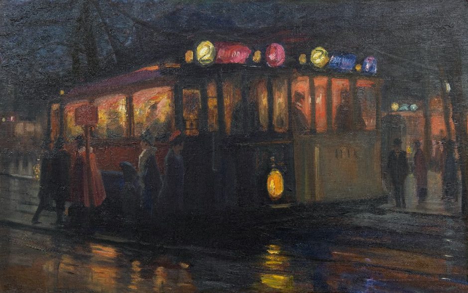 Marius Richters - Trams bij het Beursplein, Rotterdam, olieverf op doek 70,0 x 110,2 cm, gesigneerd linksonder en te dateren ca. 1913