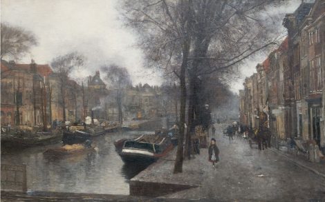 Floris Arntzenius - De Bierkade in Den Haag, gezien vanaf de Wagenbrug richting het Spui, olieverf op doek 126,4 x 201,3 cm, gesigneerd rechtsonder