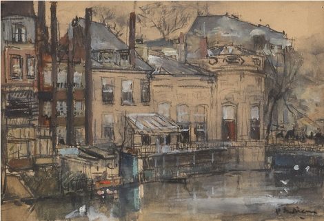 Floris Arntzenius - Gezicht op achterzijde Binnenhof, Den Haag, zwart krijt en aquarel op papier 11,6 x 16,6 cm, gesigneerd rechtsonder