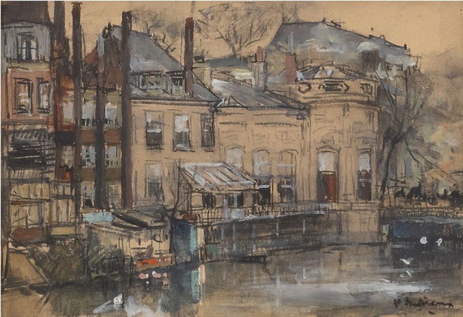 Floris Arntzenius - Gezicht op achterzijde Binnenhof, Den Haag, zwart krijt en aquarel op papier 11,6 x 16,6 cm, gesigneerd rechtsonder