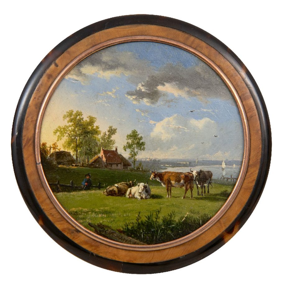 Barend Cornelis Koekkoek - Dekseldoosje beschilderd met koeien in een rivierlandschap, koper, hout  cm, gesigneerd middenonder en gedateerd 1838