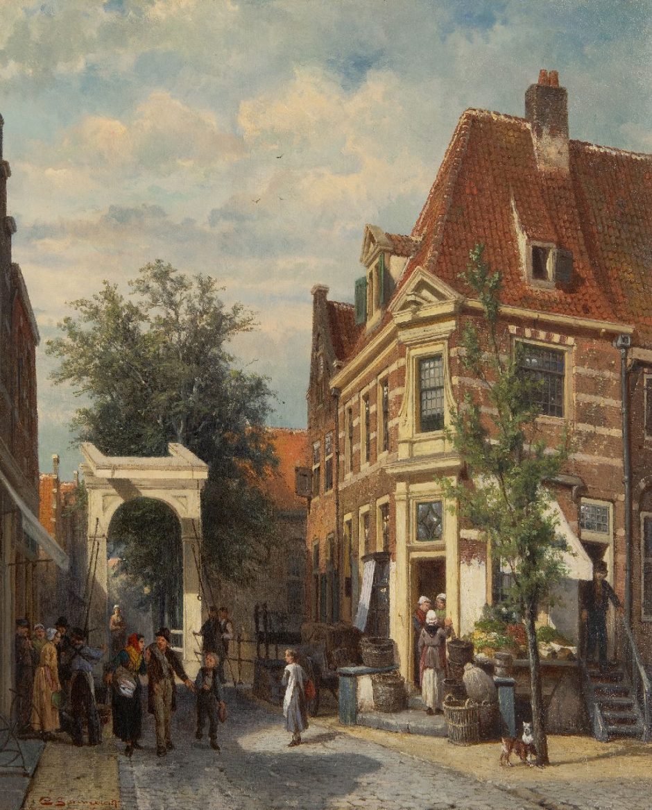 Cornelis Springer - Drukbevolkt straatje ‘Binnenveer’ in Weesp, olieverf op paneel 49,9 x 40,5 cm, gesigneerd l.o en en gedateerd 1877
