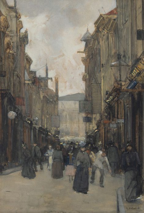 Floris Arntzenius - Drukbevolkte Spuistraat in Den Haag, aquarel en gouache op papier 50,1 x 33,9 cm, gesigneerd rechtsonder