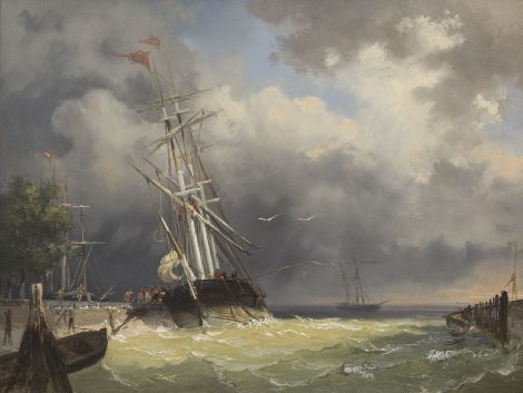 Frans Arnold Breuhaus de Groot - Binnenvarende driemaster bij storm, olieverf op paneel 44,4 x 59,5 cm cm