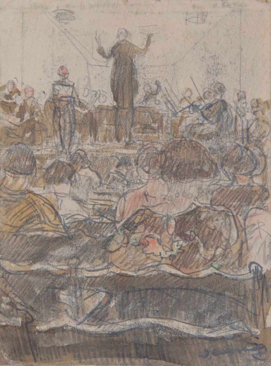 Ko Cossaar - Concert o.l.v. H. v.d. Berg, orkestdirigent te Delft, tekening op papier 15,5 x 11,5 cm, gesigneerd rechtsonder