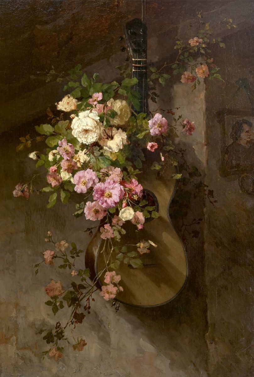 Margaretha Roosenboom - Klimrozen op een Spaanse gitaar, olieverf op doek 110,8 x 75,9 cm