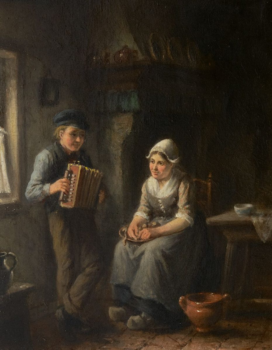 Jan Damschreuder - De jonge accordeonist, olieverf op doek 47,4 x 37,2 cm, gesigneerd linksonder