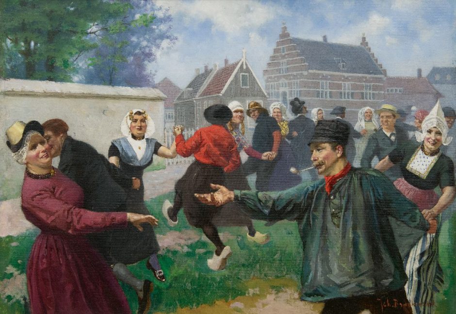 Johan Braakensiek - De dans van klederdrachten, olieverf op doek 46,2 x 64,6 cm, gesigneerd rechtsonder