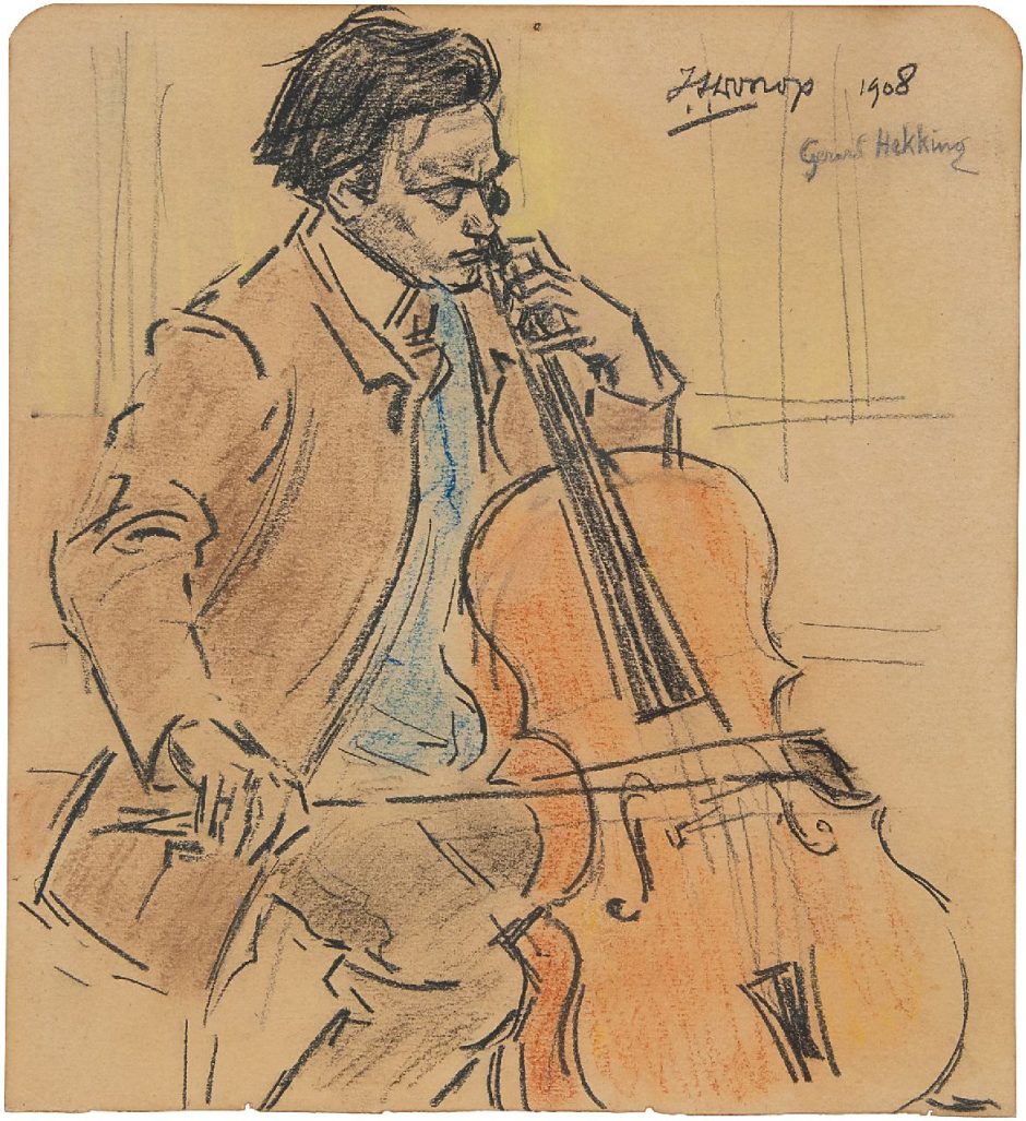 Jan Toorop - Gerard Hekking, cello spelend, zwart en gekleurd krijt op papier 21,6 x 19,7 cm, gesigneerd rechtsboven en gedateerd 1908