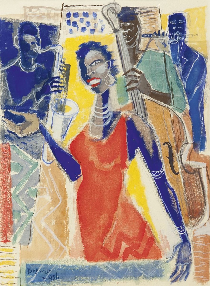 Wim Bosma - Sarah Vaughan en band, gouache op papier 39 x 29 cm, gesigneerd linksonder en gedateerd 1956